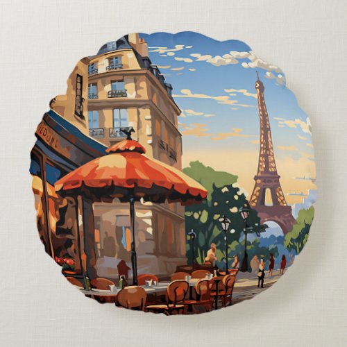 Colorful French Cafe Eiffel Tower Paris France Round Pillow