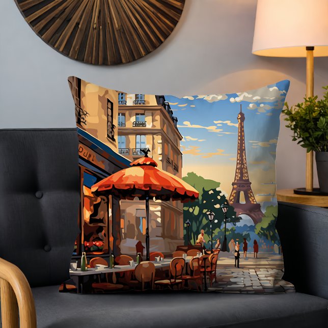 Colorful French Cafe Eiffel Tower Paris France Throw Pillow (Creator Uploaded)