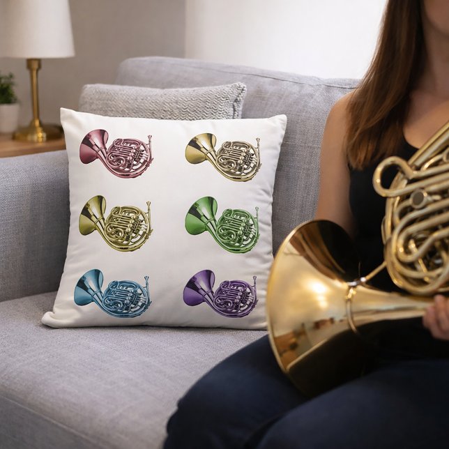 Colorful French Horn Pop Art  Throw Pillow (A throw pillow with a rainbow pattern of french horns.)