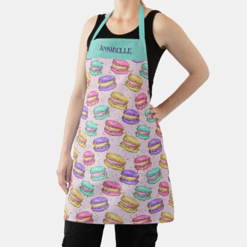 Colorful French Macaron Cookies Faux Glitter Name Apron