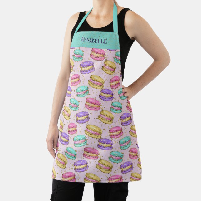 Colorful French Macaron Cookies Faux Glitter Name Apron (Insitu)