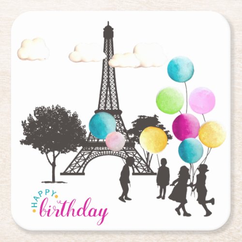 Colorful French Macarons Kids Playing Birthday Square Paper Coaster