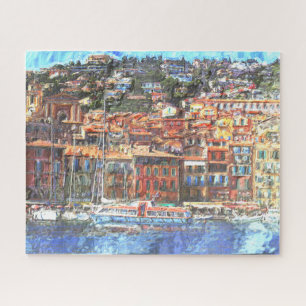 Colorful French Riviera Coast Aquarelle Art Jigsaw Puzzle