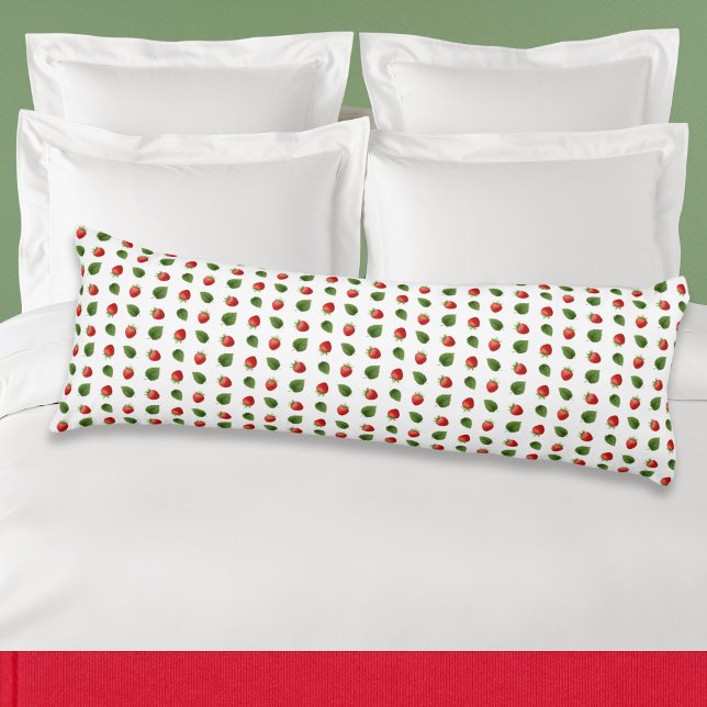 Colorful Fresh Fruit Strawberries Monogrammed Body Pillow (A body pillow with pattern of red strawberries and green leaves on the front, monogram on the back)