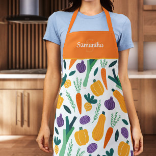 Colorful Fresh Vegetable Pattern with Name Orange Apron