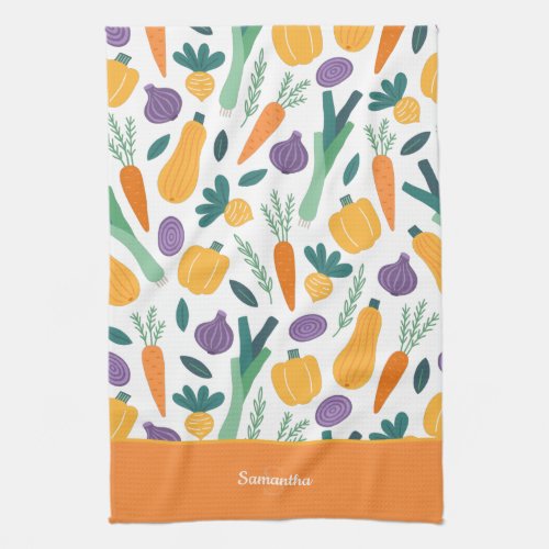 Colorful Fresh Vegetable Pattern with Name Orange Kitchen Towel