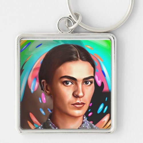 Colorful Frida Kahlo Toon Portrait Paint Splatter  Keychain