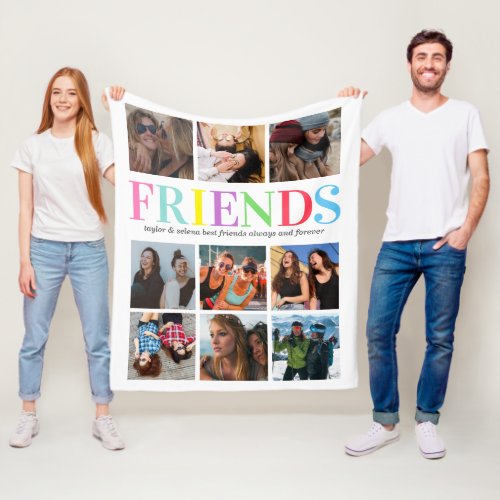 Colorful Friendship | Friend Photo Collage Fleece Blanket - Personalized bff friendship fleecy blanket featuring a chic white background that can be changed to any color, 9 photos of you and your bestie, the word "friends" in multiple colors, your names, and a editable friendship quote.