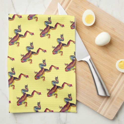 Colorful Frog Toads on Yellow Kitchen Towel