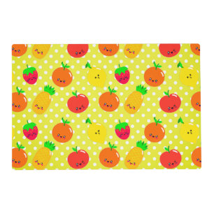 Colorful Fruit Kawaii Emojis Yellow Polka Dot Placemat