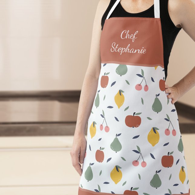 Colorful Fruit Pattern Chef Name Red Kitchen Apron (Creator Uploaded)