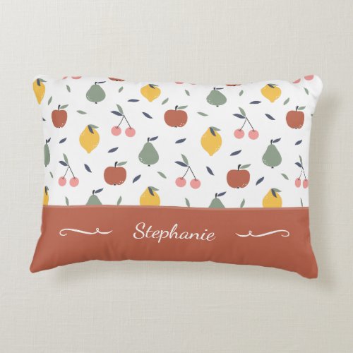 Colorful Fruit Pattern First Name Red Accent Pillow