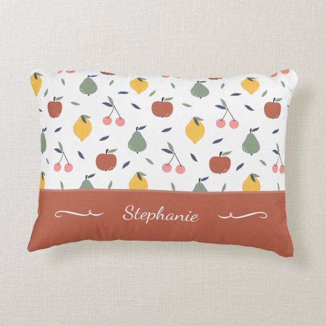 Colorful Fruit Pattern First Name Red Accent Pillow (Back)
