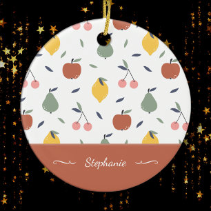 Colorful Fruit Pattern First Name Red Christmas Ceramic Ornament