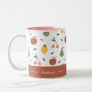 Colorful Fruit Pattern First Name Red Kitchen Two-Tone Coffee Mug
