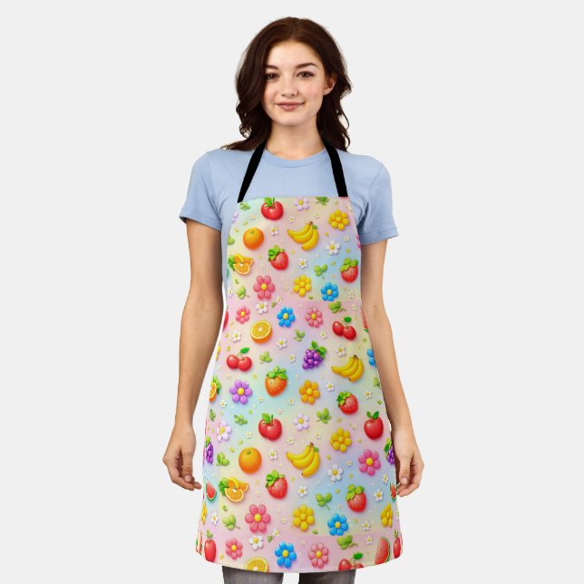 Colorful Fruit Pattern With Flowers and Fruits Apron (Worn)