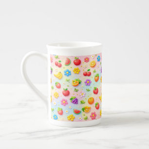 Colorful Fruit Pattern With Flowers and Fruits Bone China Mug