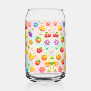 Colorful Fruit Pattern With Flowers and Fruits Can Glass