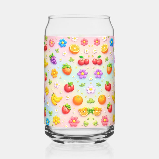 Colorful Fruit Pattern With Flowers and Fruits Can Glass (Back)