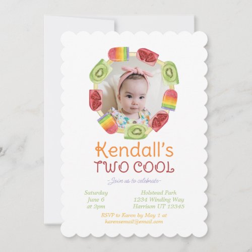 Colorful Fruit Popsicle Summer Second Birthday Invitation