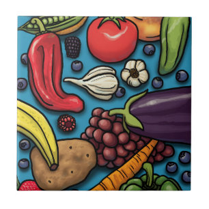 Colorful Fruits and Vegetables on Blue Ceramic Tile