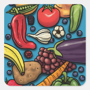 Colorful Fruits and Vegetables on Blue Square Sticker