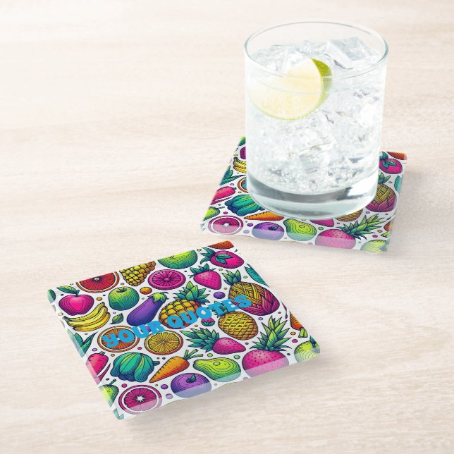 Colorful Fruits and Vegetables Pattern  Glass Coaster (Angled)