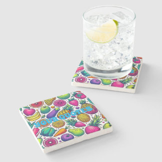 Colorful Fruits and Vegetables Pattern  Stone Coaster