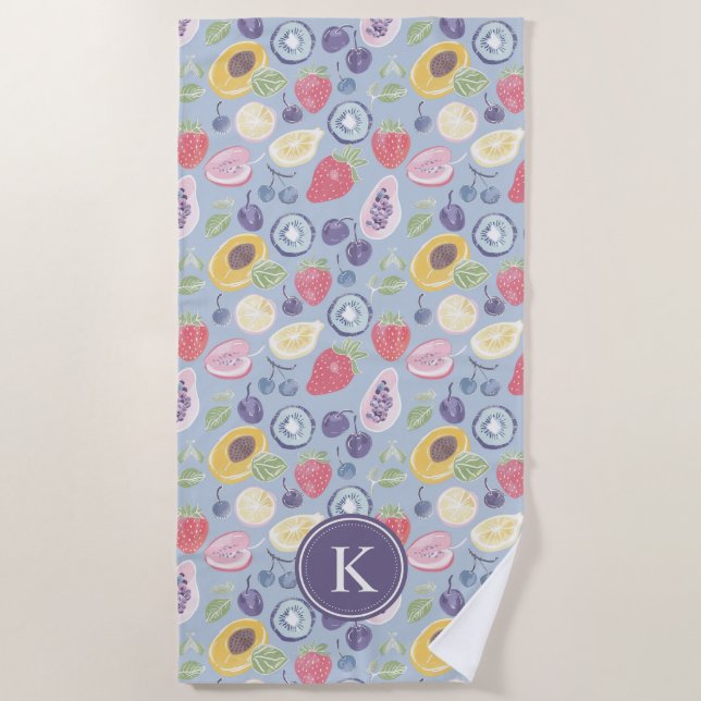 Colorful  Fruits  Monogram Spring Pattern Beach Towel (Front)