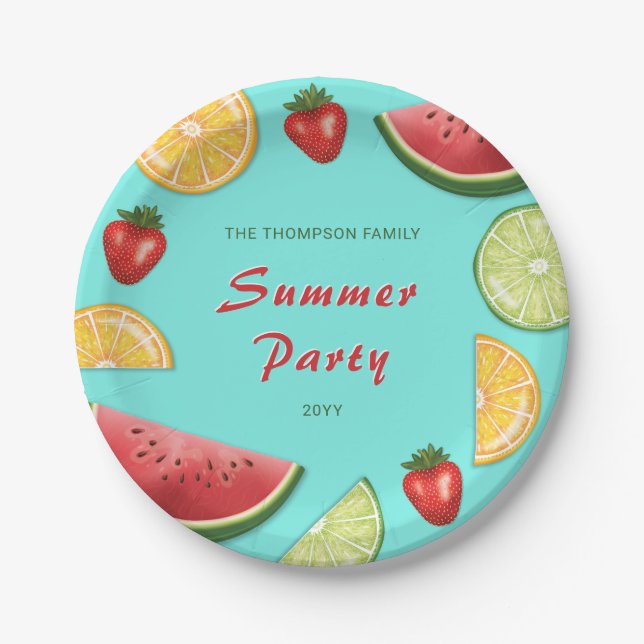 Colorful Fruits On Blue Family Summer Party Paper Plates (Front)