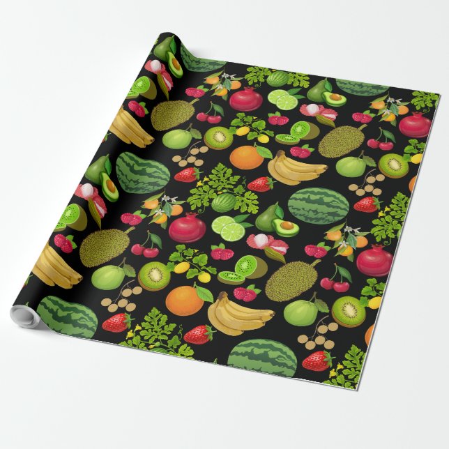 Colorful Fruits Pattern 01.b Black BG Wrapping Paper (Unrolled)