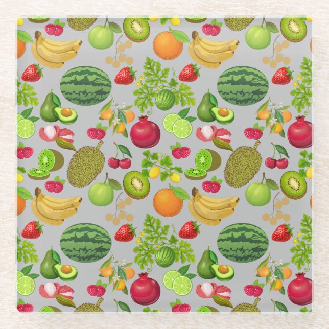 Colorful Fruits Pattern 01.b LGrey BG Glass Coaster (Front)