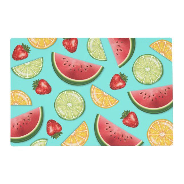 Colorful Fruits Strawberry Watermelon Citrus Blue Placemat (Front)