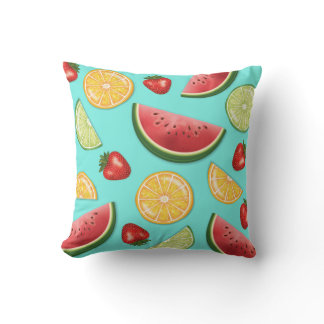 Colorful Fruits Strawberry Watermelon Citrus Blue Throw Pillow