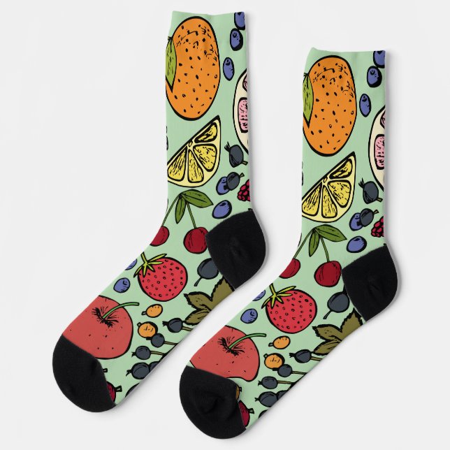 Colorful fruits with green background Cute Pattern Socks (Left)