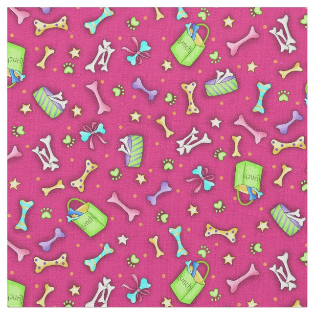 Colorful Fuchsia Pink Dog Bone Art Pattern Fabric (Close Up)