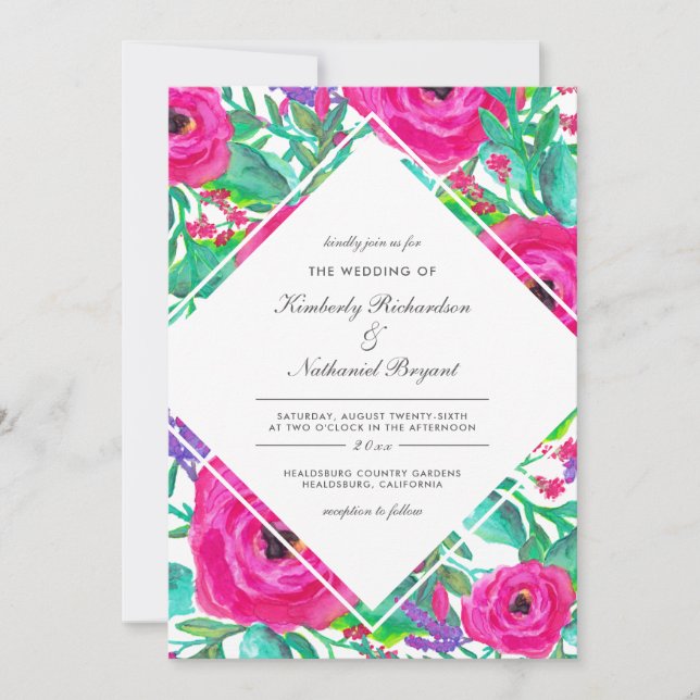 Colorful Fuchsia Watercolor Floral Wedding Invitation (Front)