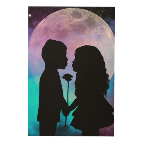 Colorful Full Moon Silhouette Young Love Wood Art