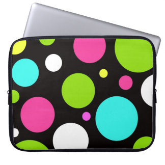 Colorful Fun Big Polka Dots on Black Laptop Sleeve