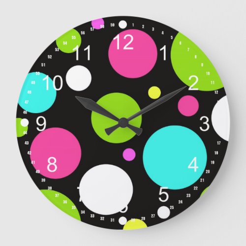 Colorful Fun Big Polka Dots on Black Large Clock