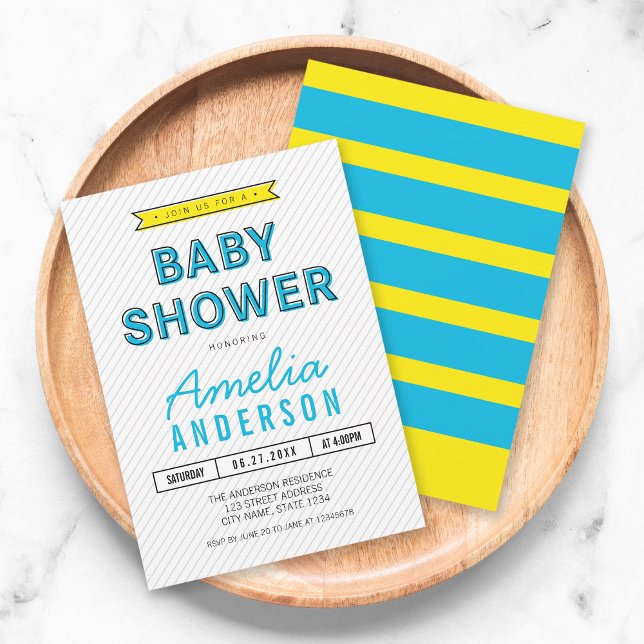 Colorful Fun Blue and Yellow Modern Baby Shower Invitation (Creator Uploaded)