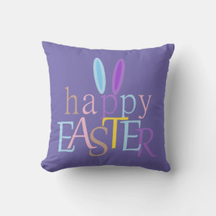 Colorful Fun Bunny Happy Easter on Purple Throw Pillow