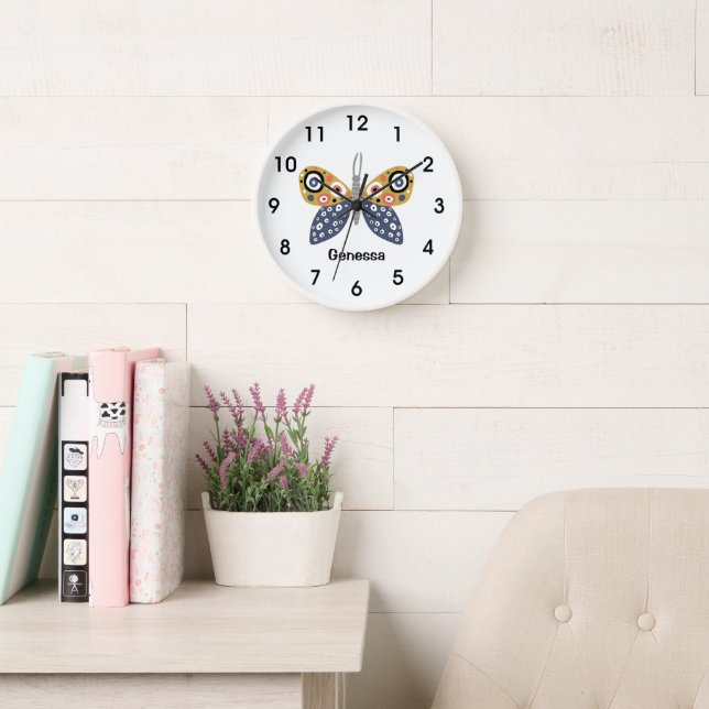 Colorful fun butterfly blue yellow dots stripe  clock (Reading Room)