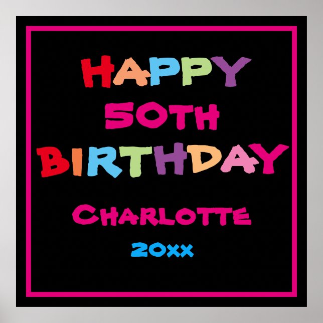 Colorful Fun Custom Name Year Date Happy Birthday Poster (Front)