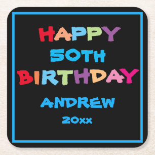 Colorful Fun Custom Name Year Date Happy Birthday Square Paper Coaster