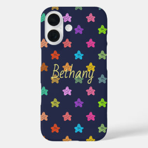 Colorful Fun Doodle Stars on Blue Personalised iPhone 16 Case