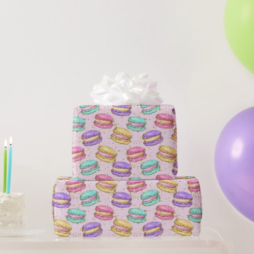 Colorful Fun Faux Gold Glitter Macarons Pattern   Wrapping Paper