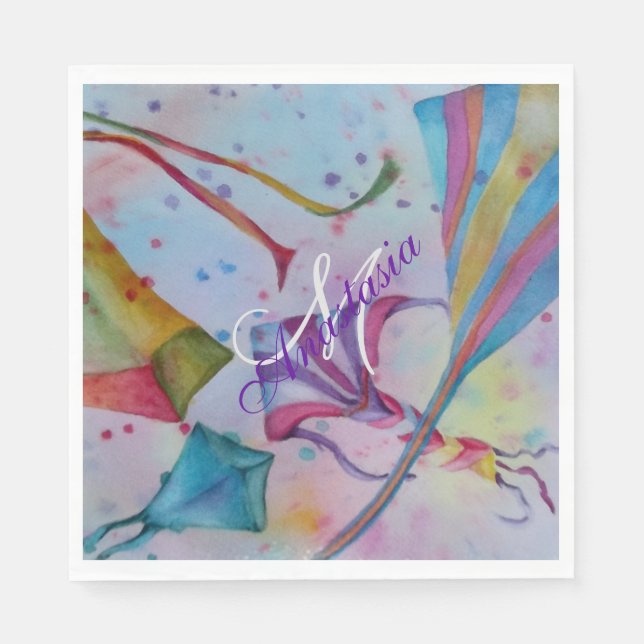 COLORFUL FUN FLYING KITES MONOGRAM PARTY PAPER NAPKINS (Front)