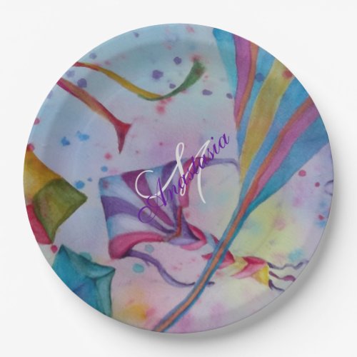COLORFUL FUN FLYING KITES MONOGRAM PARTY PAPER PLATES