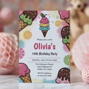 Colorful Fun Girls Ice Cream Birthday Party Invitation